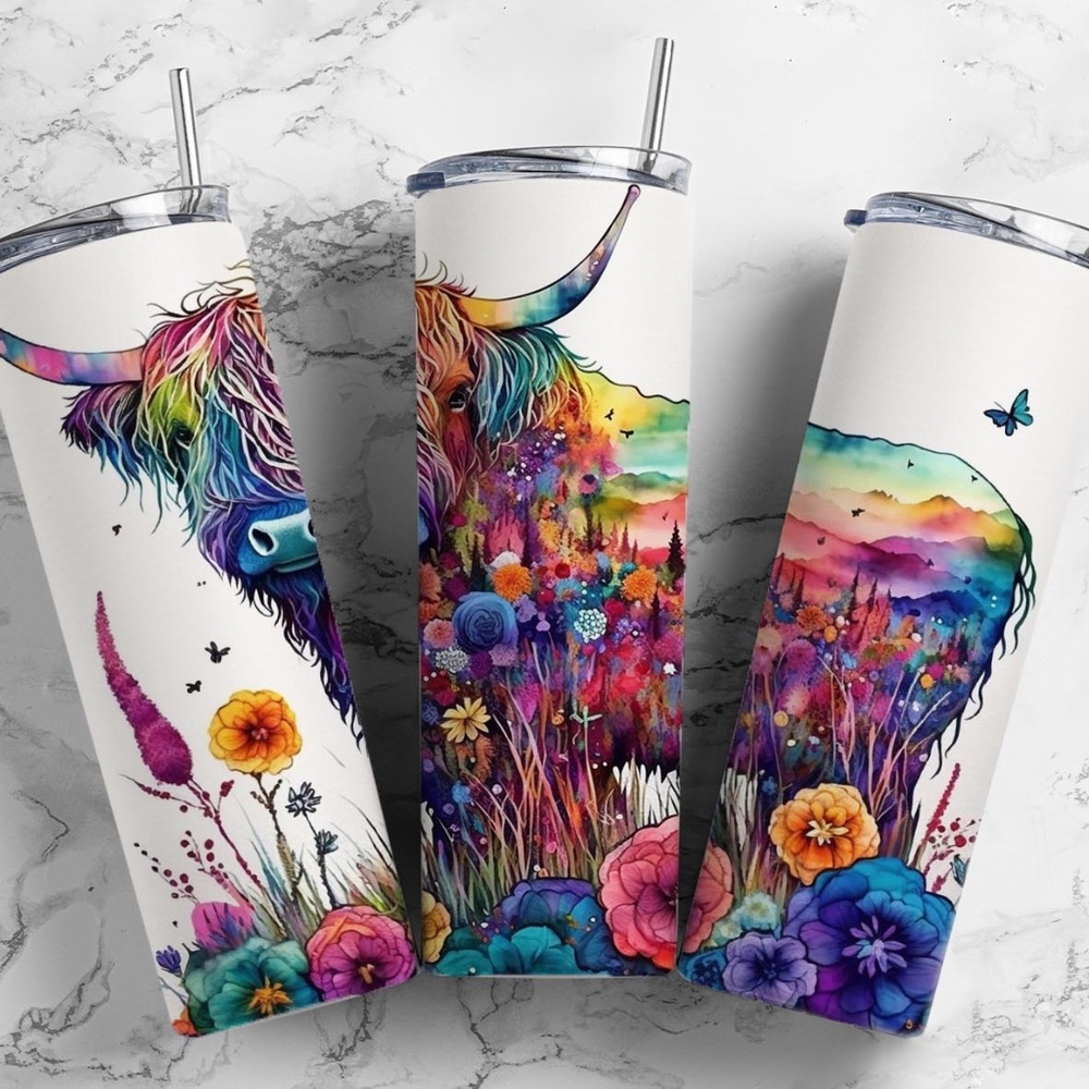 Handmade Colorful Flower Longhorn Cow 20 oz Straight Tumbler with Straw included